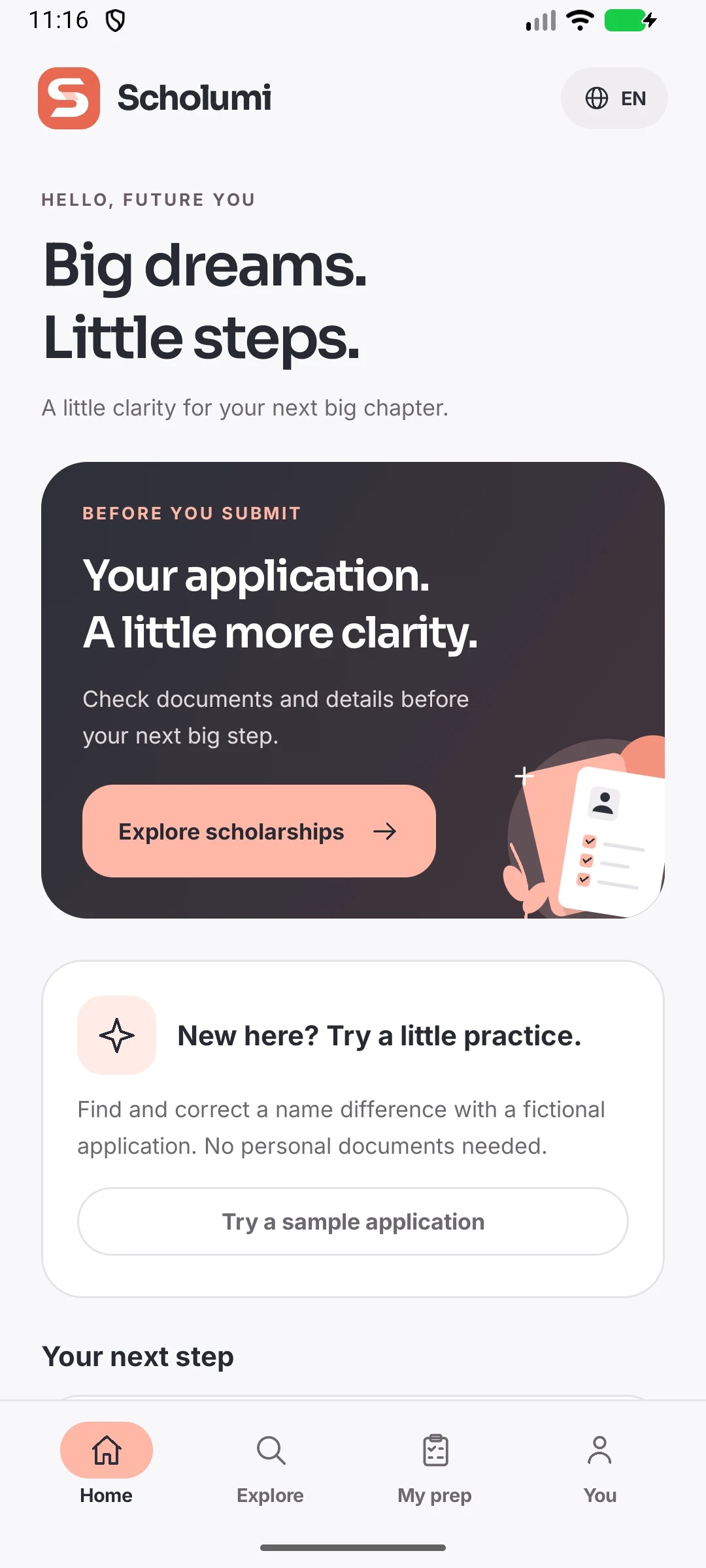 Scholumi Android home screen with scholarship discovery and a next-step card